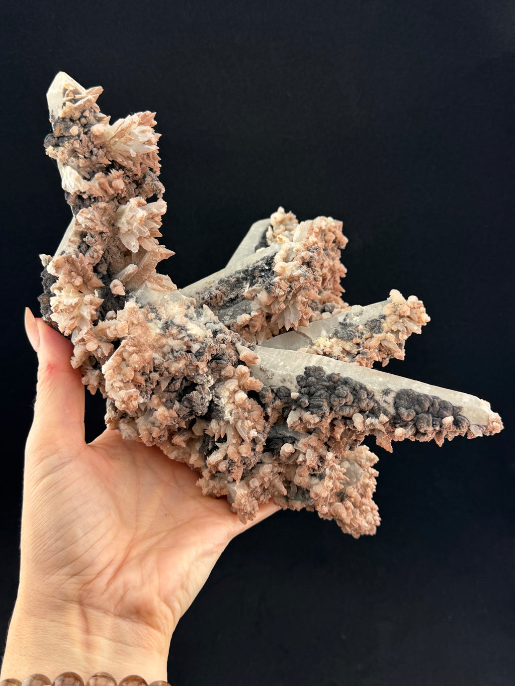 Pink Quartz with Feather and Petal Calcite, Specularite, Inner Mongolia, China