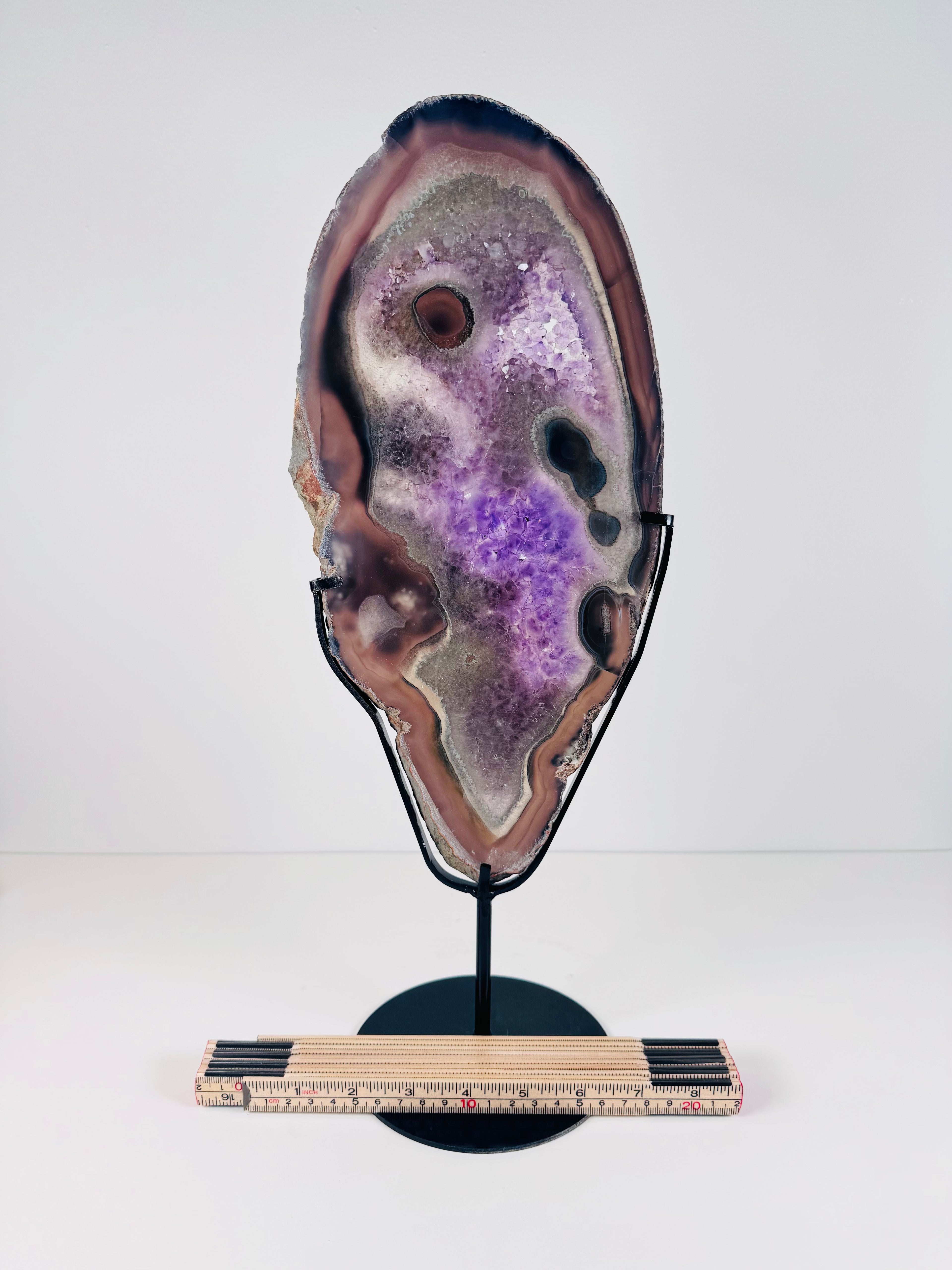 Agate-Framed Amethyst on Custom Stand from Brazil