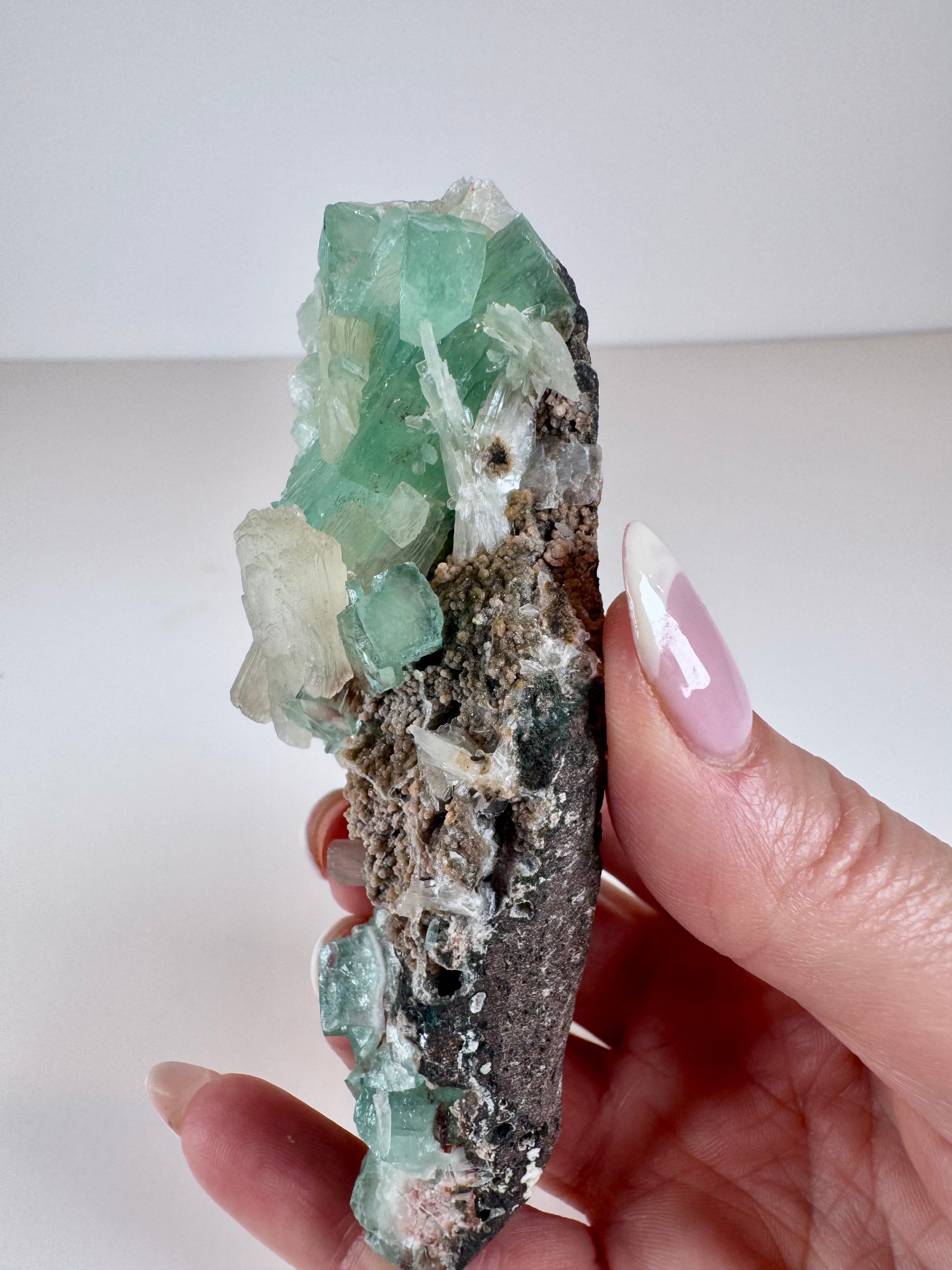 Deep Green Apophyllite, Stilbite and Chalcedony