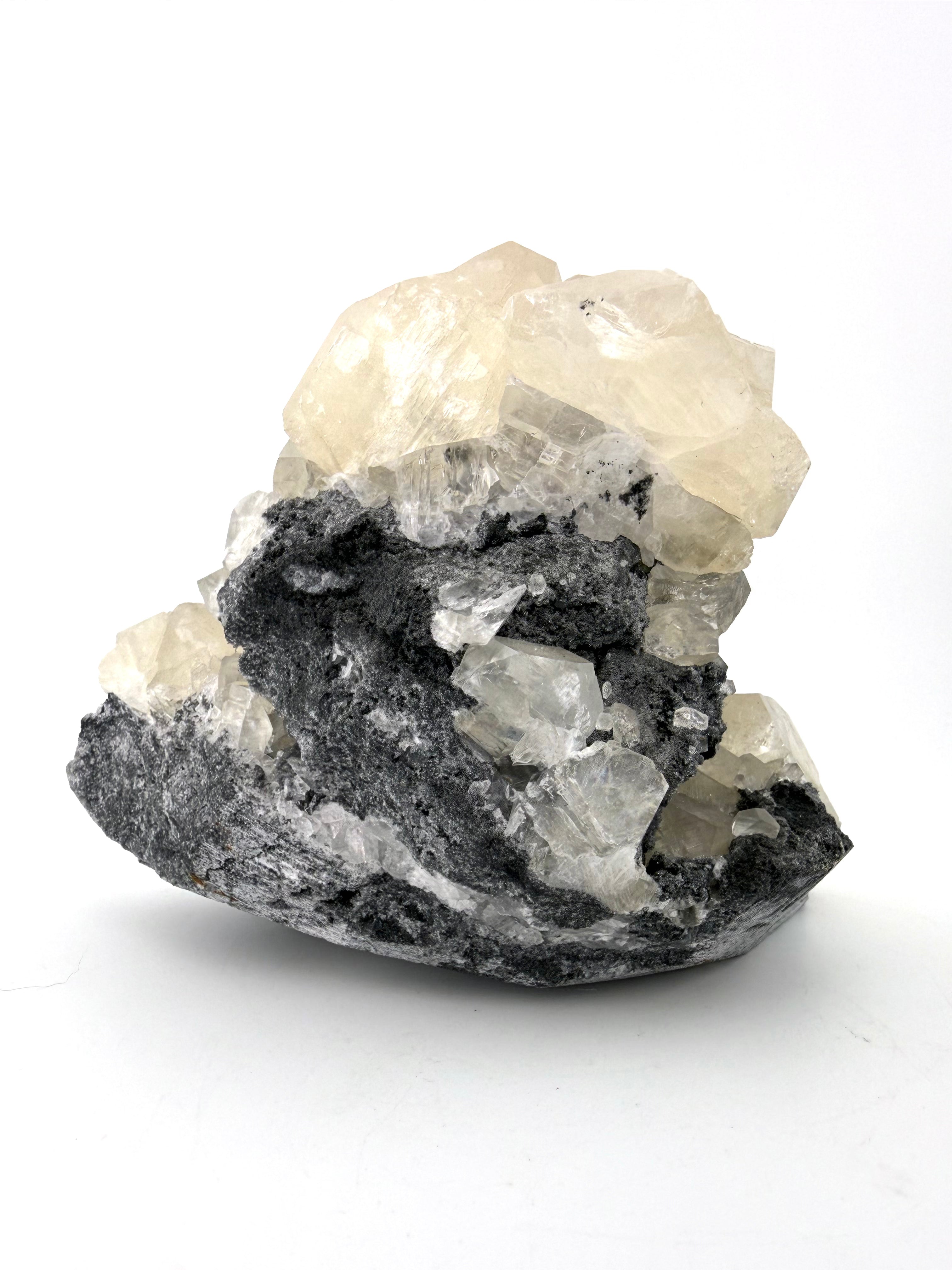 White Stepped “Benz” Calcite on Chalcedony