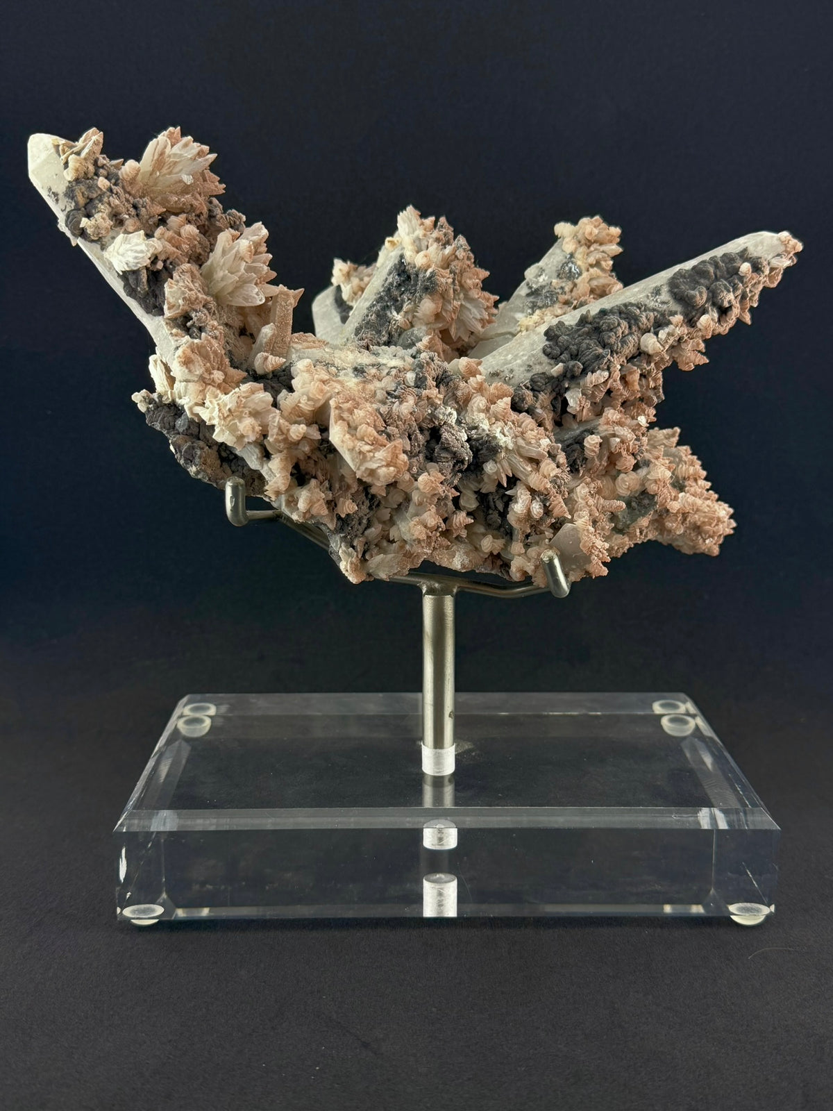Pink Quartz with Feather and Petal Calcite, Specularite, Inner Mongolia, China