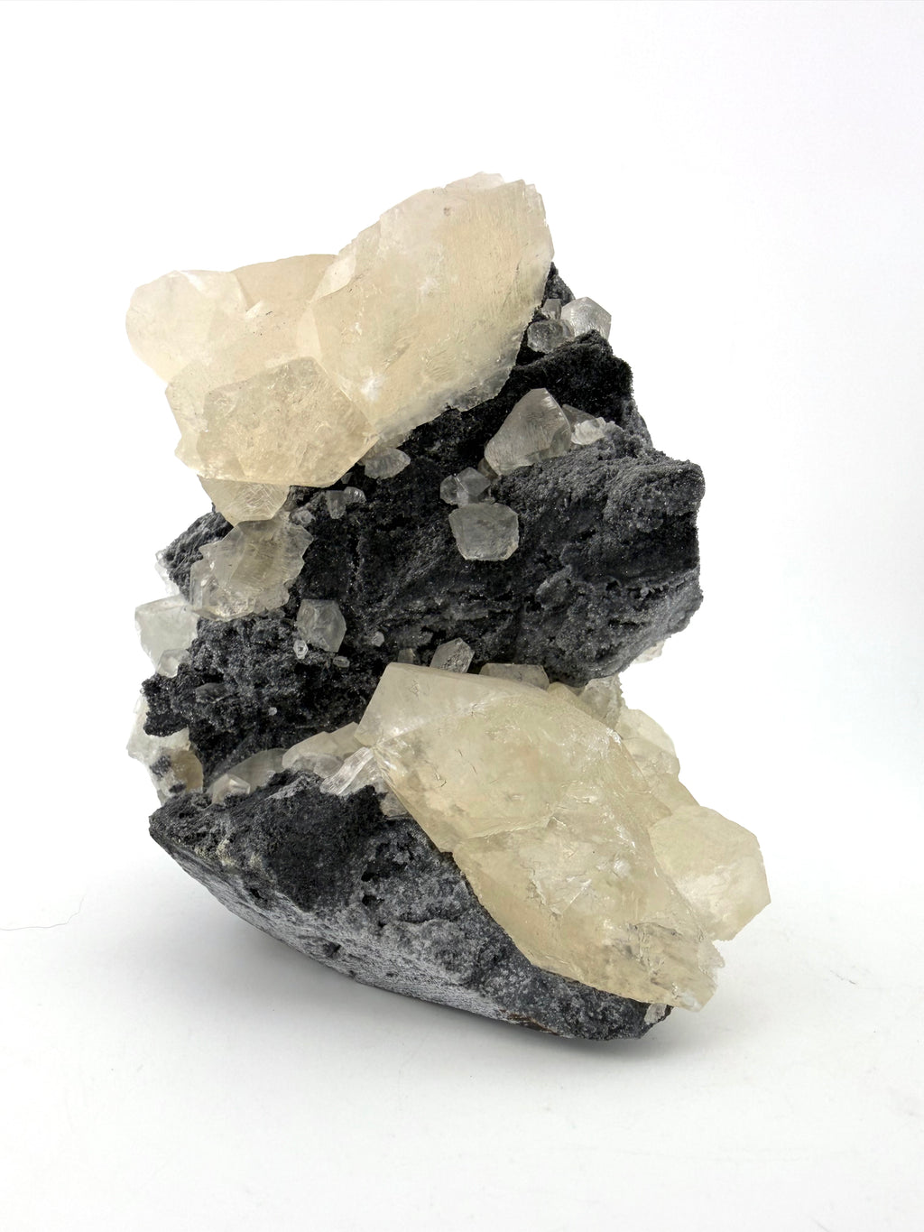 White Stepped “Benz” Calcite on Chalcedony