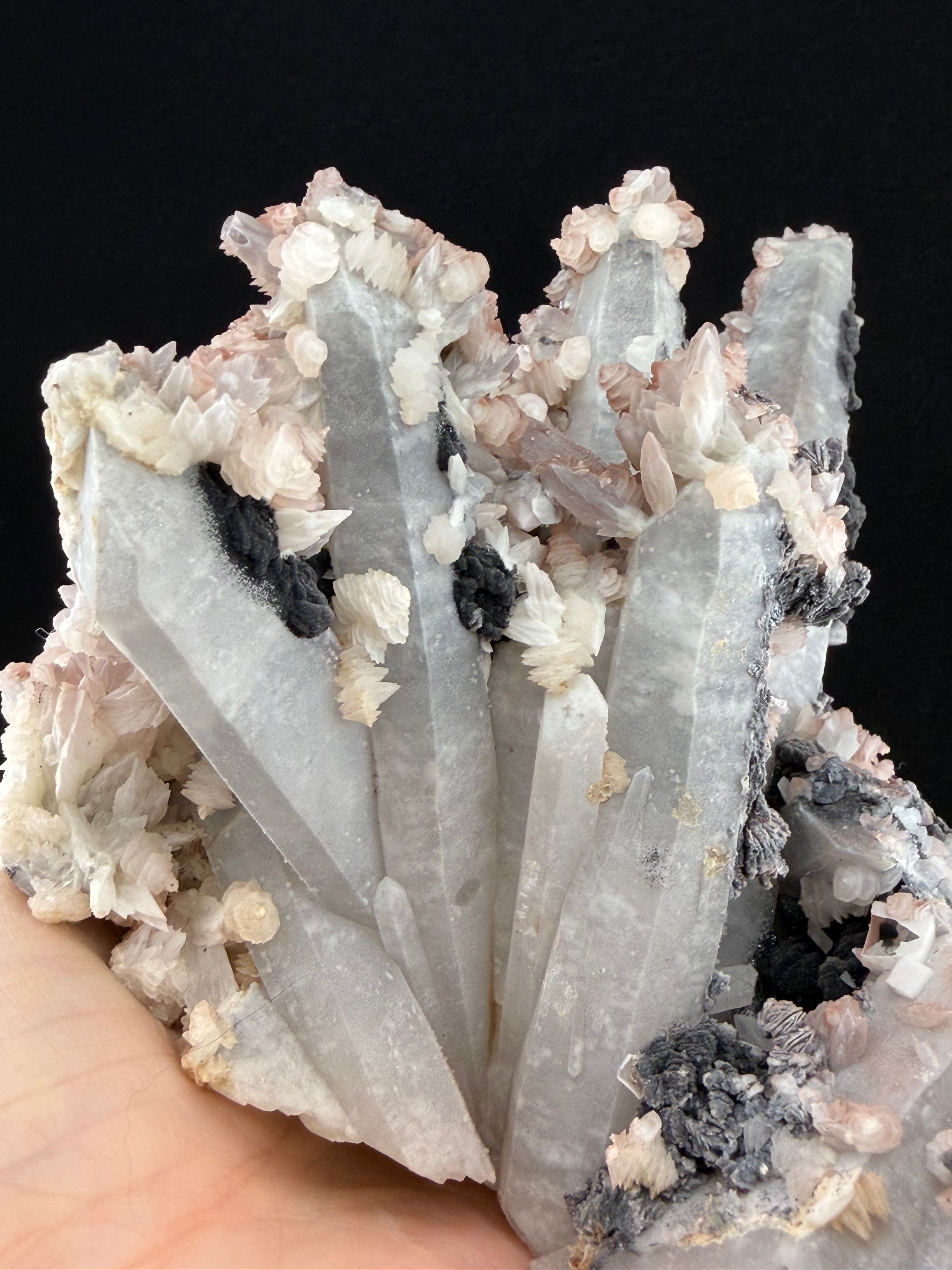 Pink Quartz with Feather and Petal Calcite, Specularite, Inner Mongolia, China