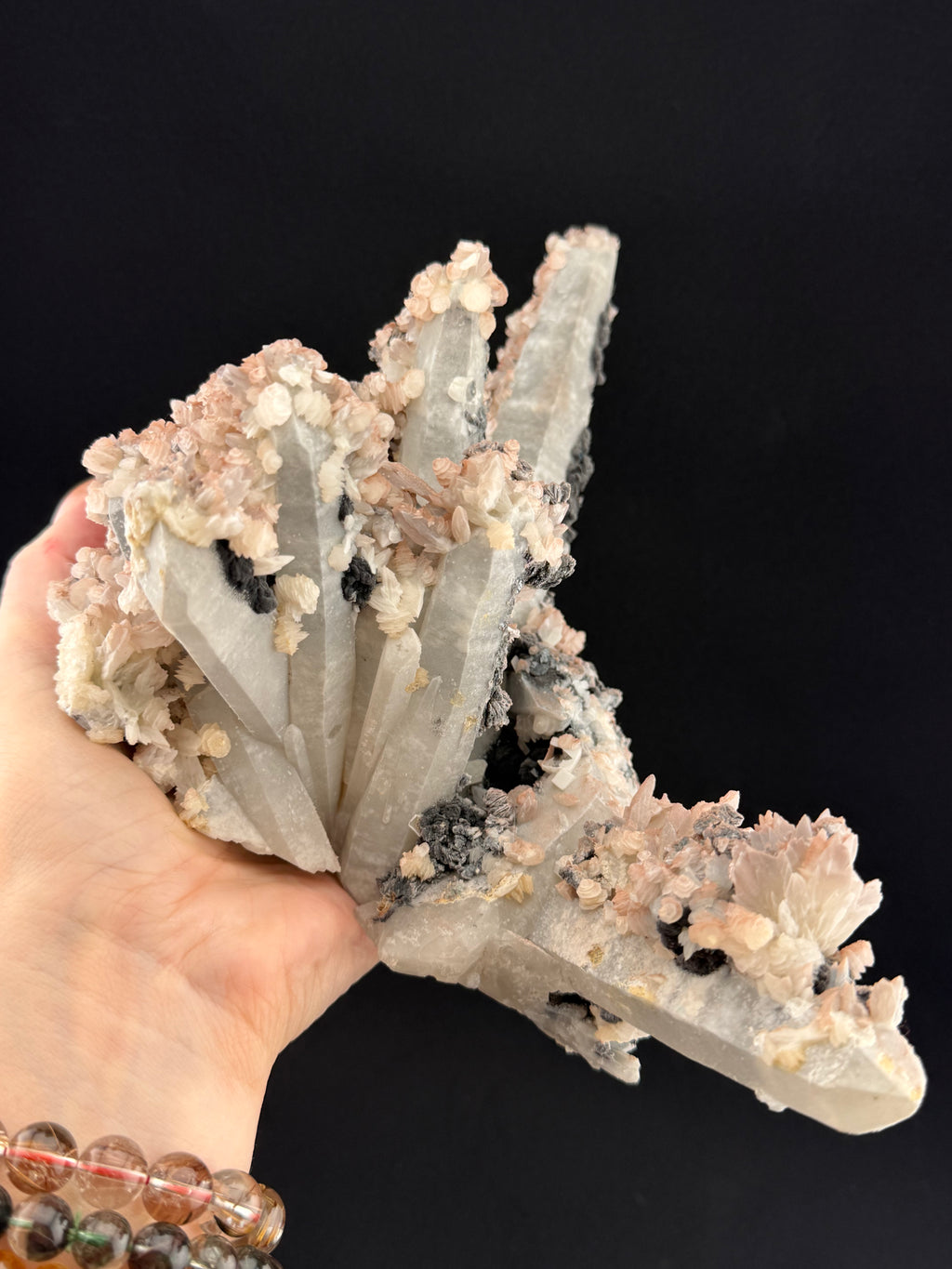 Pink Quartz with Feather and Petal Calcite, Specularite, Inner Mongolia, China