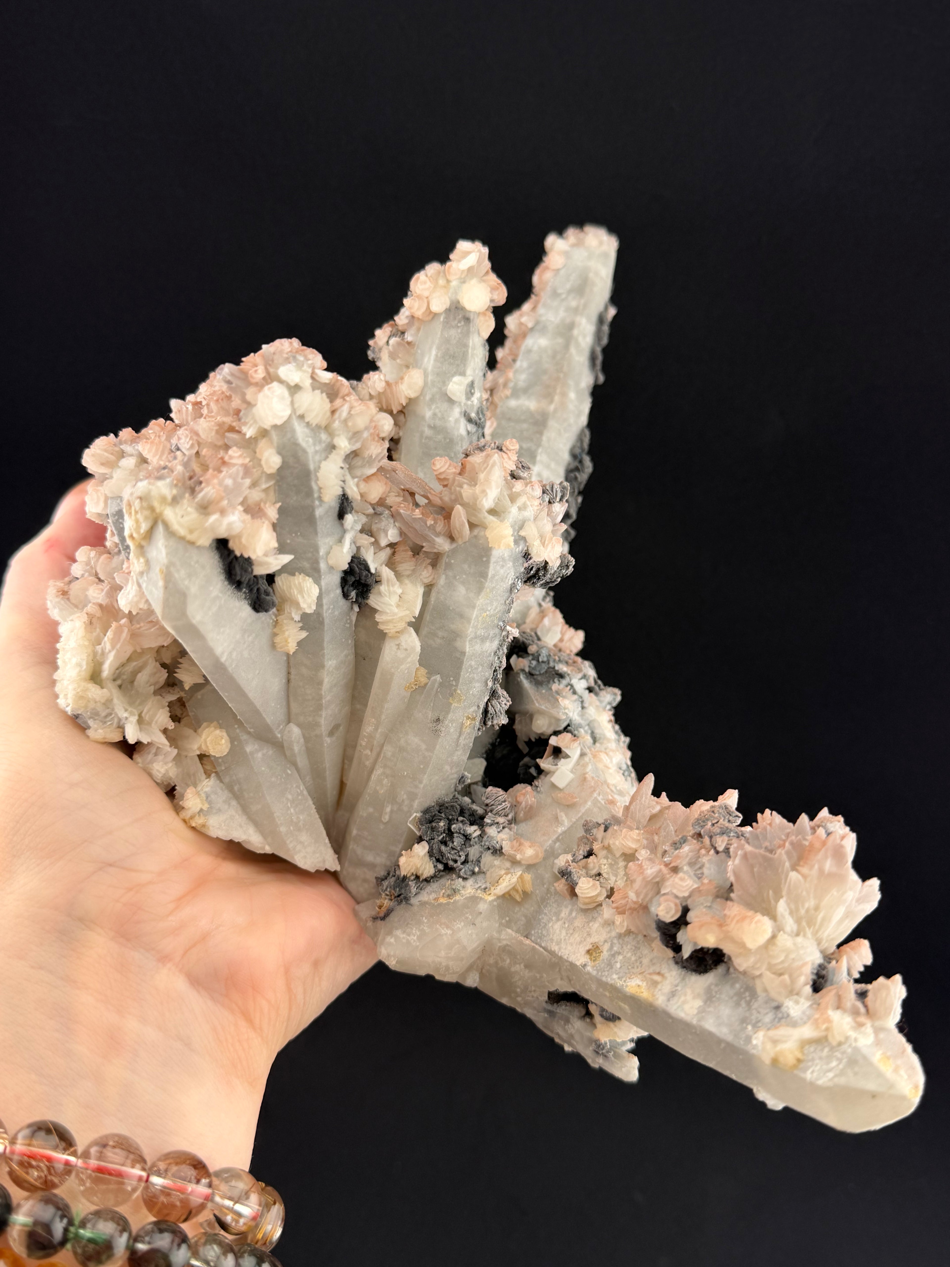 Pink Quartz with Feather and Petal Calcite, Specularite, Inner Mongolia, China