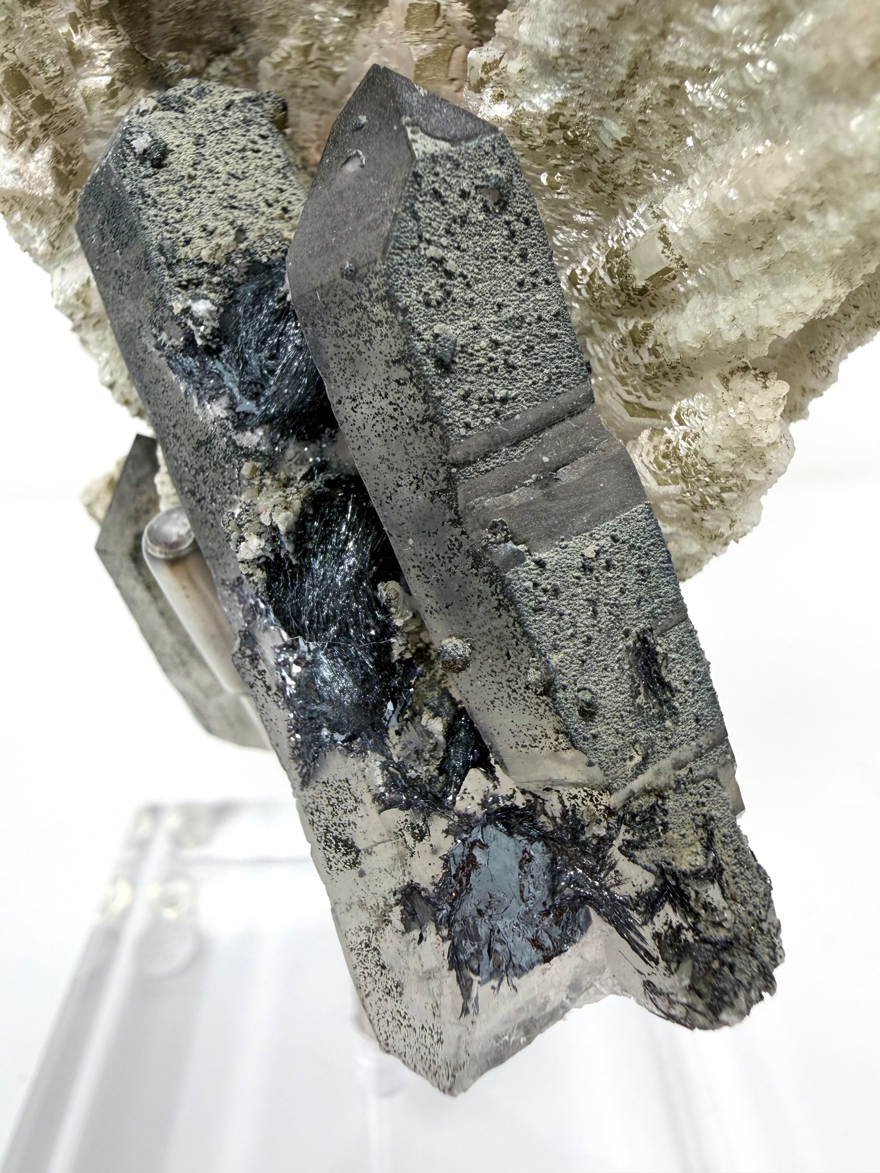 Green-Blue Feather Calcite with Amethyst and Specularite