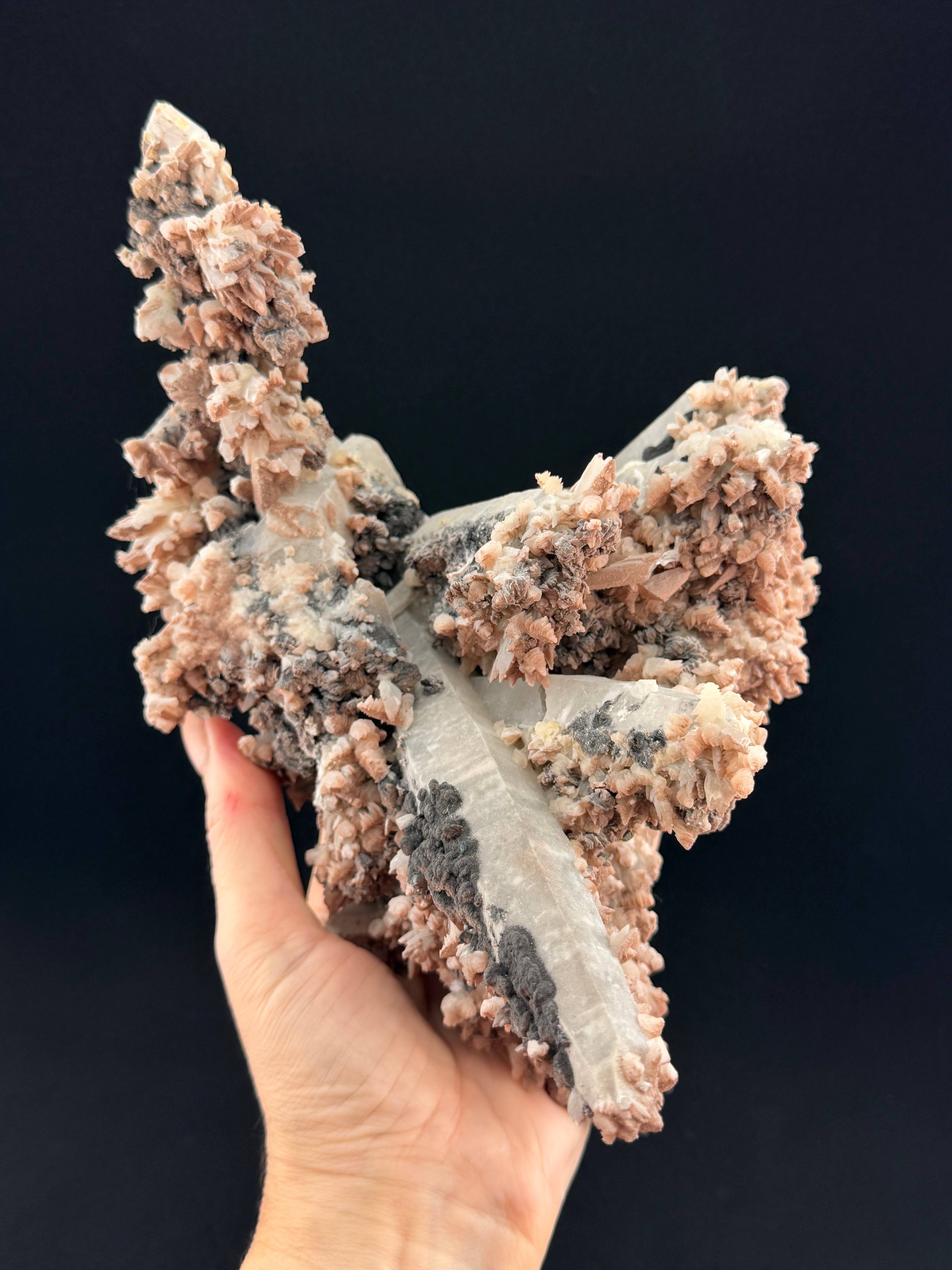 Pink Quartz with Feather and Petal Calcite, Specularite, Inner Mongolia, China