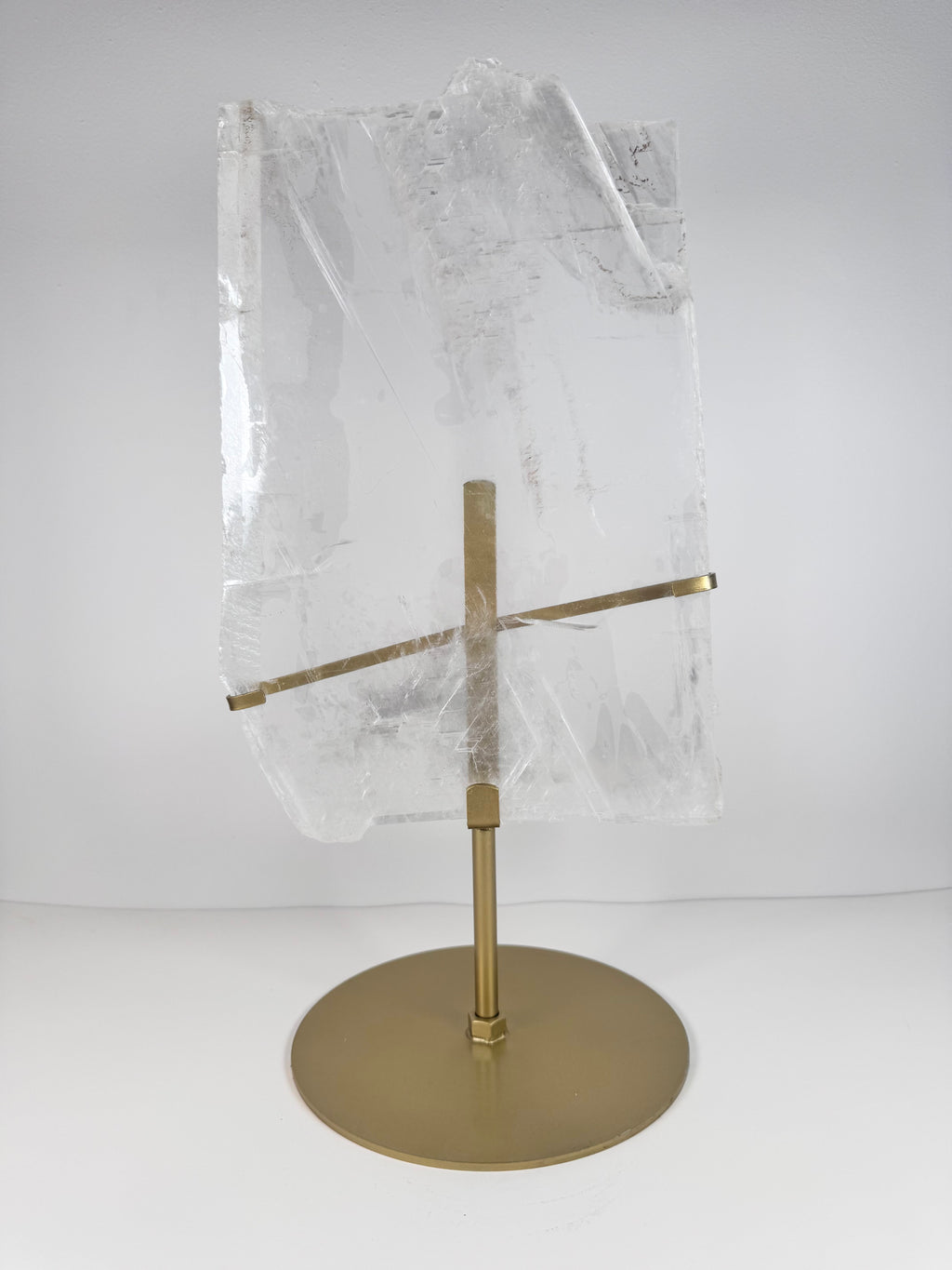 5kg Ultra-Clear Selenite Slab on Custom Gold Stand