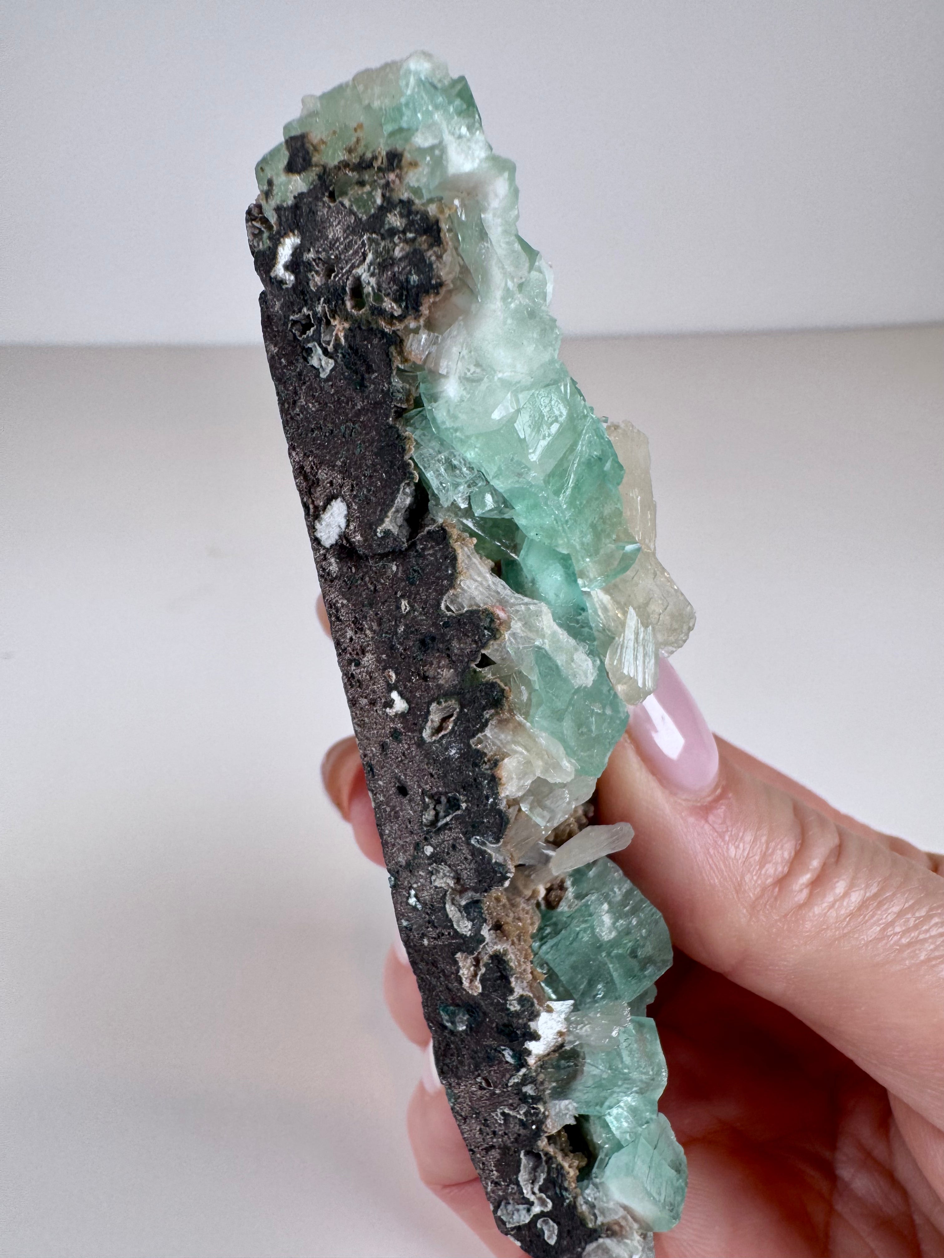 Deep Green Apophyllite, Stilbite and Chalcedony