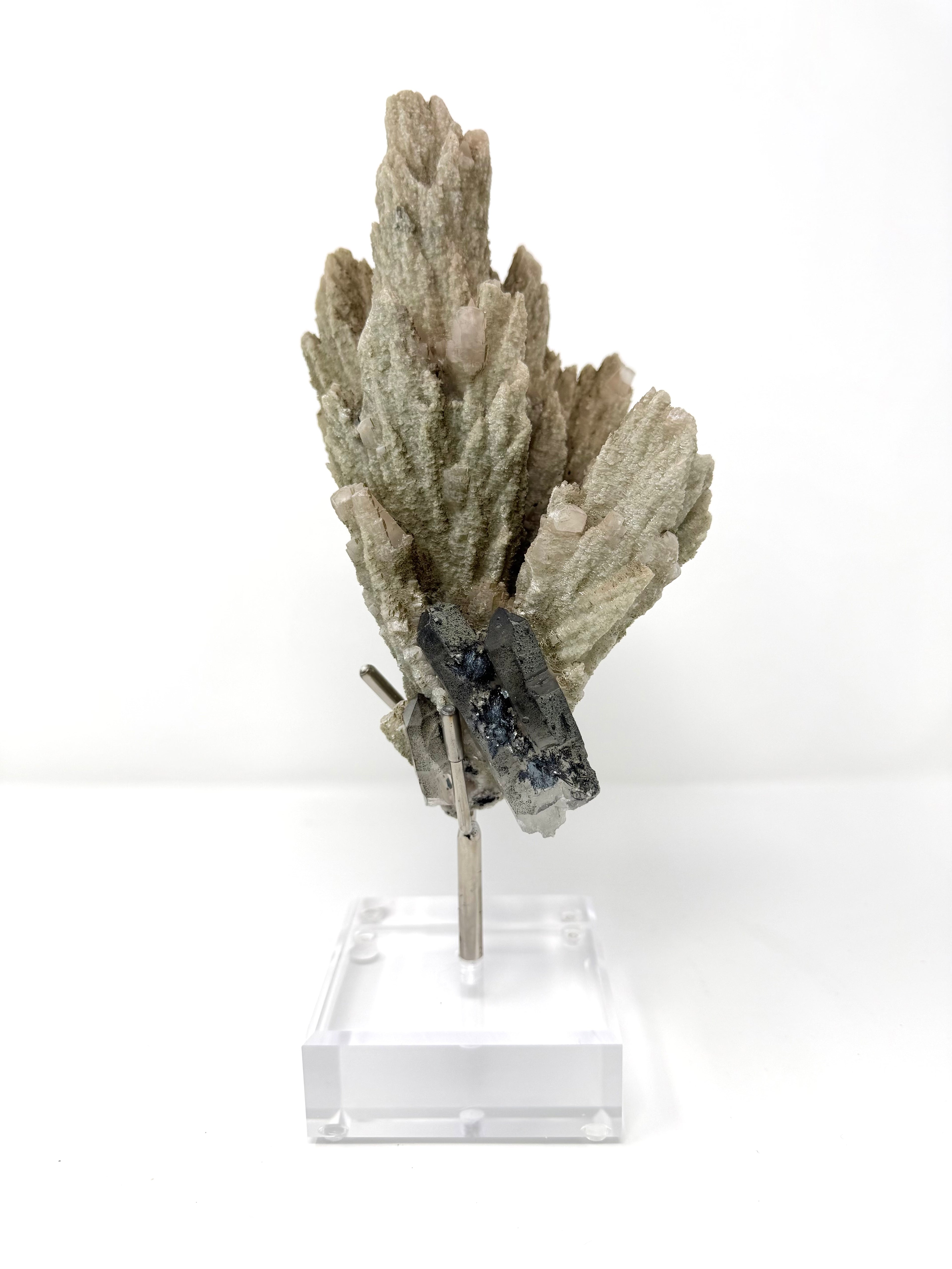 Green-Blue Feather Calcite with Amethyst and Specularite