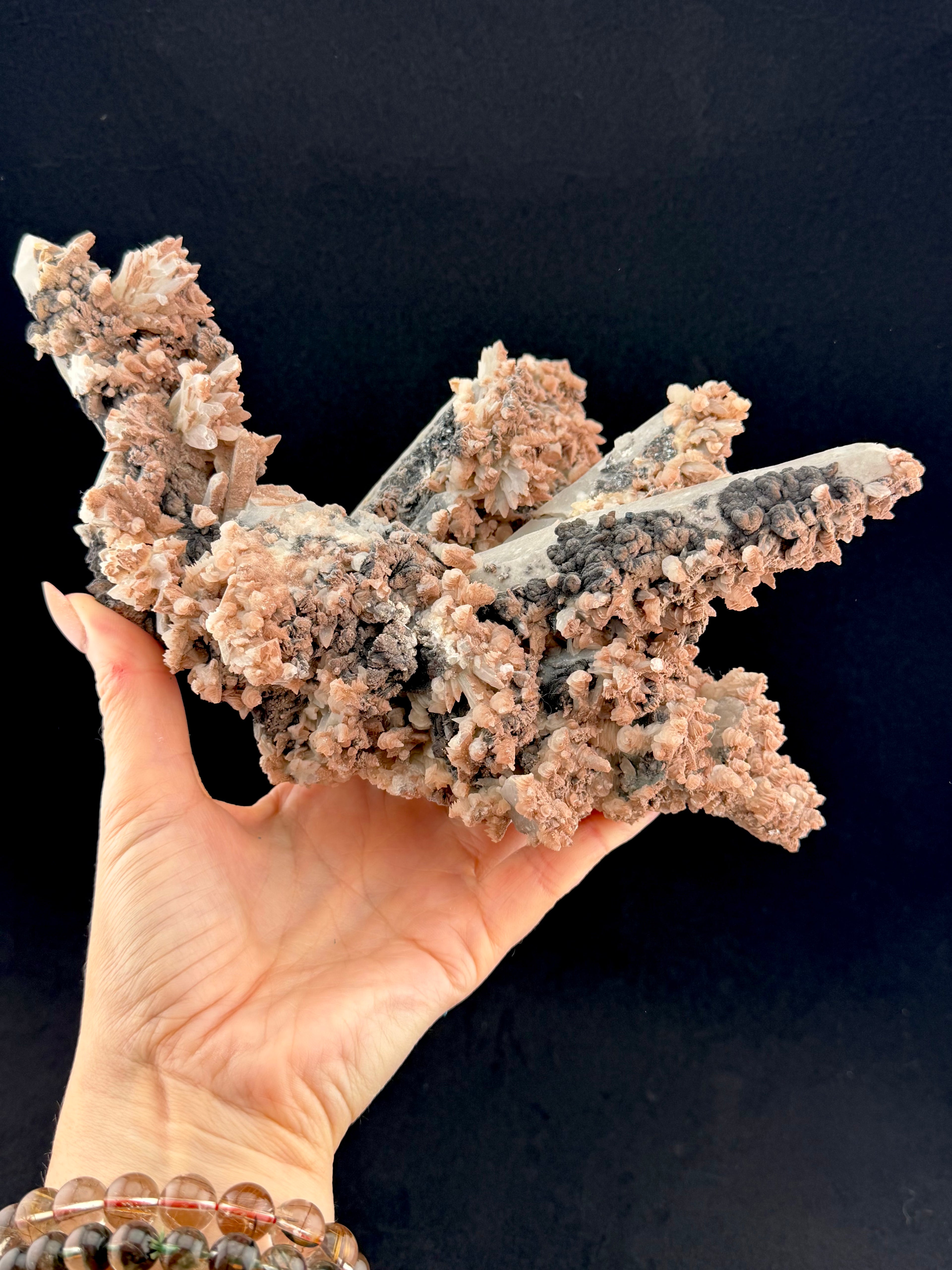Pink Quartz with Feather and Petal Calcite, Specularite, Inner Mongolia, China