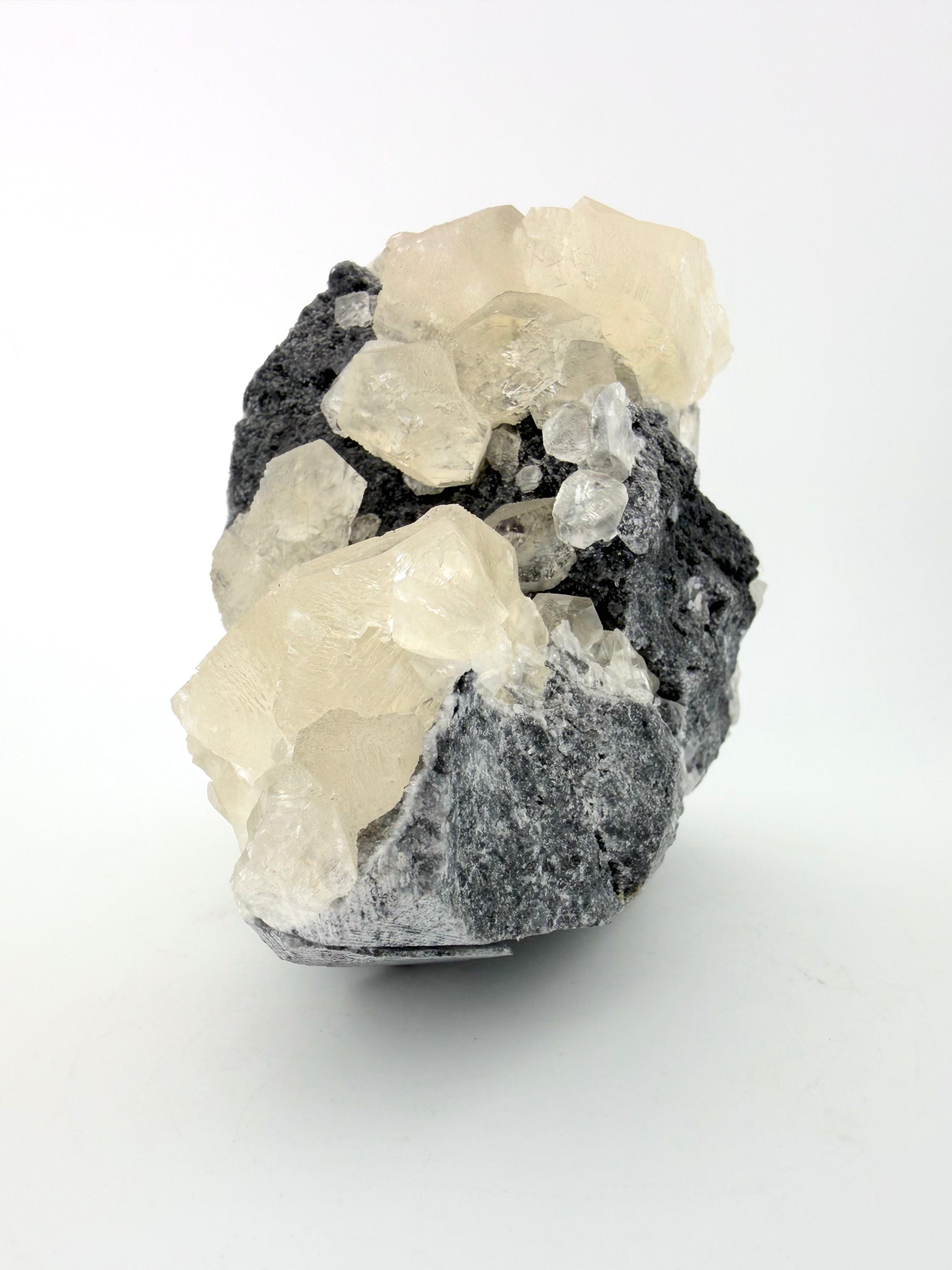 White Stepped “Benz” Calcite on Chalcedony