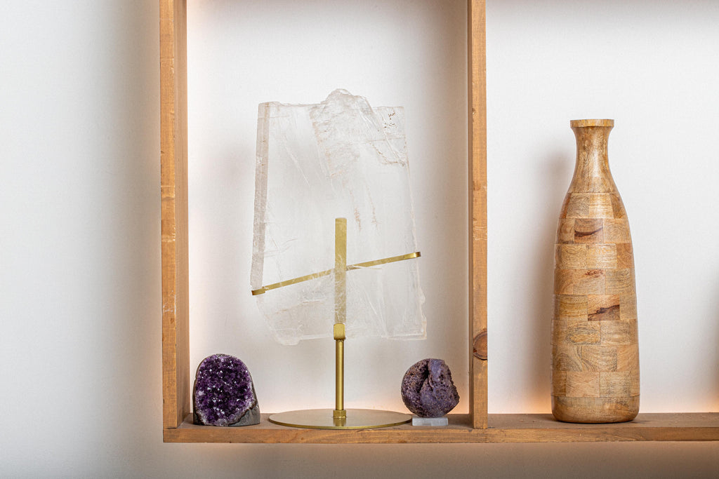 5kg Ultra-Clear Selenite Slab on Custom Gold Stand