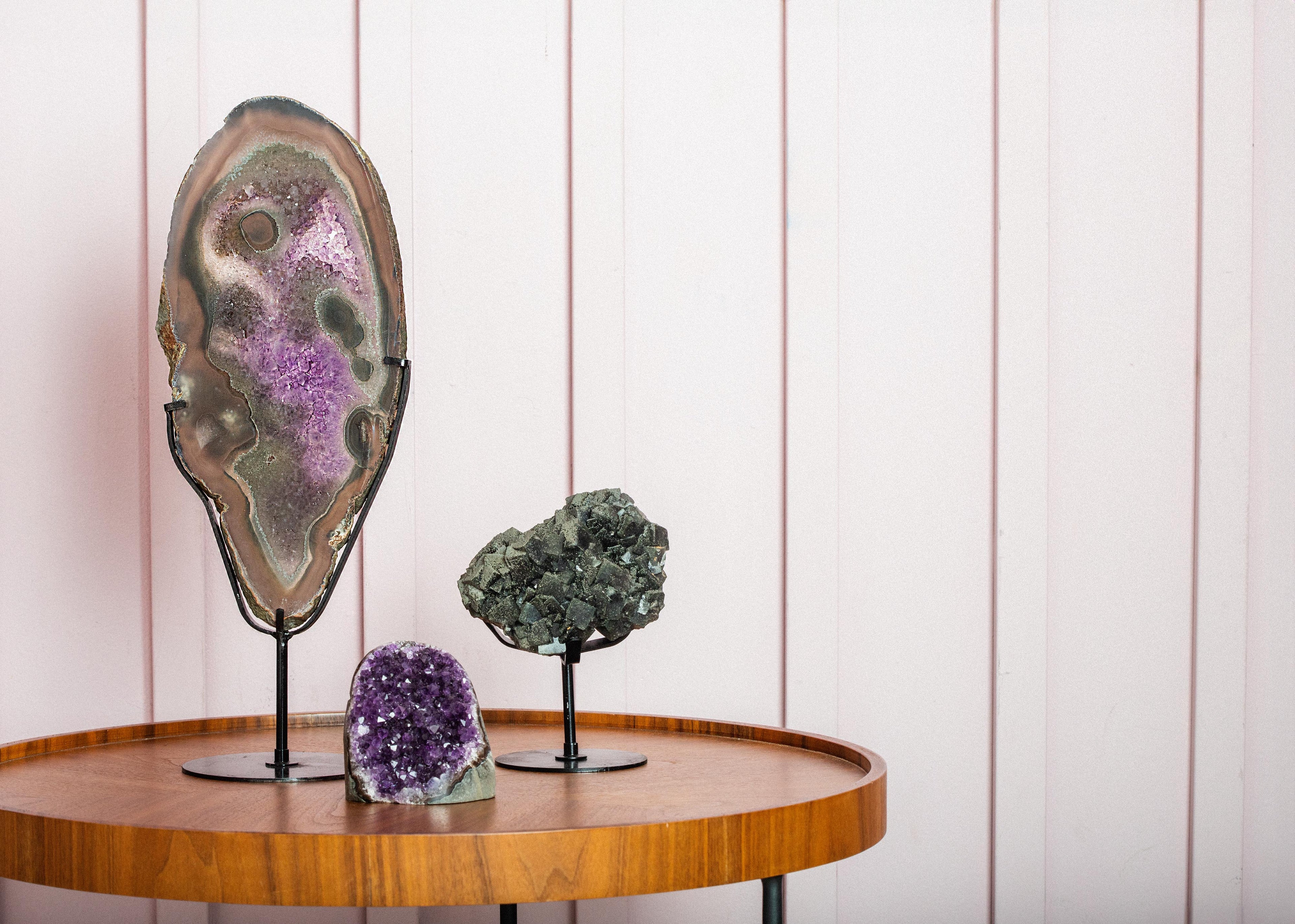 Dark Green Cubic Fluorite and Pyrite on Black Metal Stand